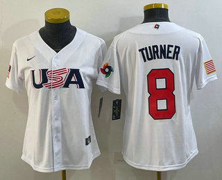 Women%27s USA Baseball #8 Trea Turner 2023 White World Classic Stitched Jerseys